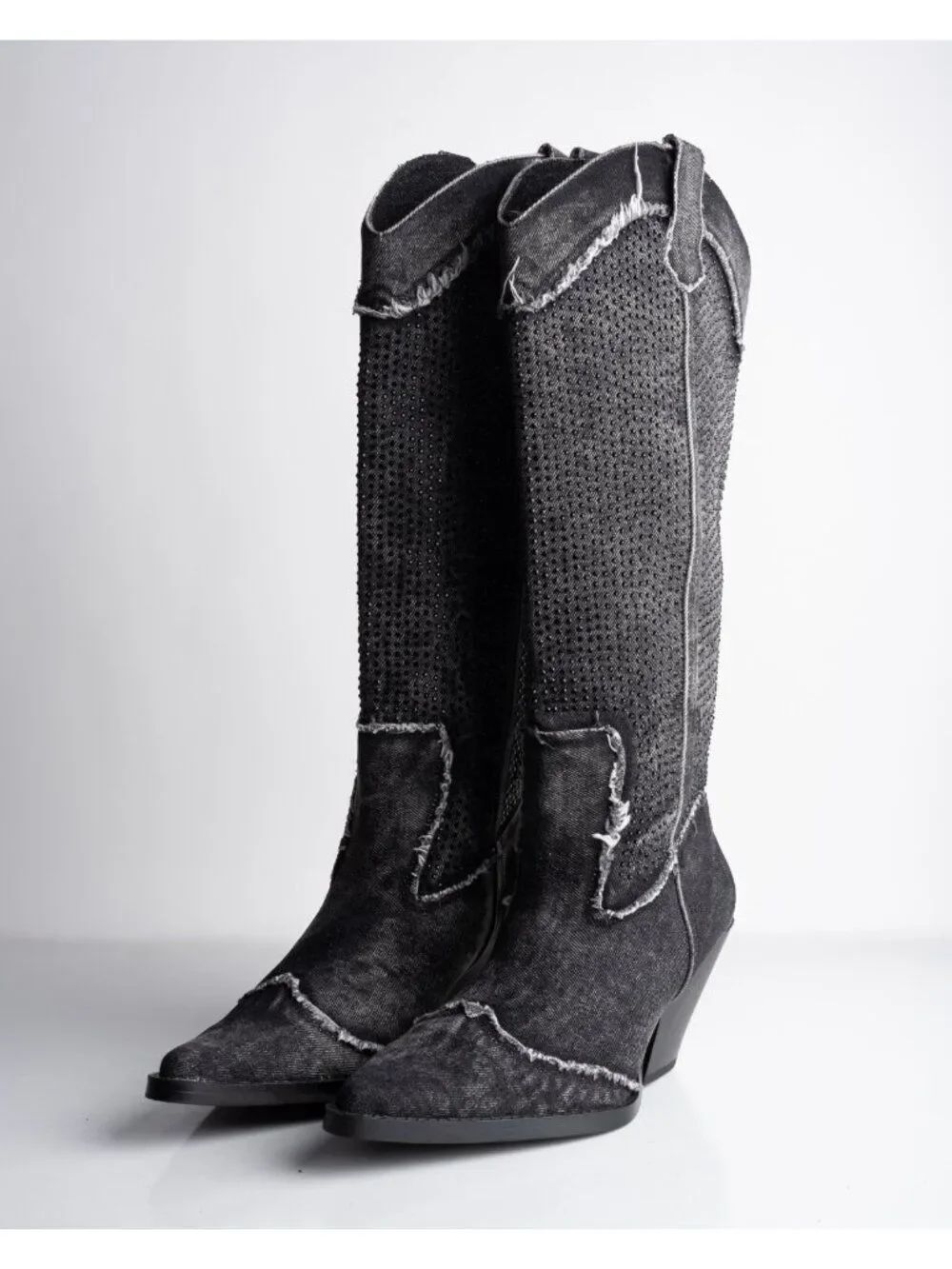 Zara Womens Boots Western Denim Rhinestone Embellished Gray Sz US 9 EU 40 NWT